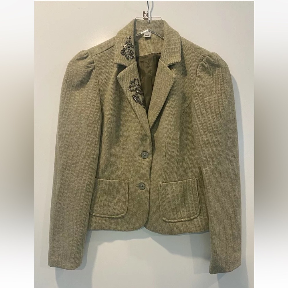 Old Navy Green Beaded Herringbone Wool Blend Blazer Jacket Career Womens Small